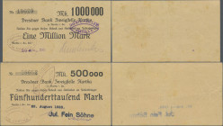 Deutschland - Notgeld - Sachsen: Hartha, Dresdner Bank, 500 Tsd. Mark, 22.8.1923, Kundenscheck für Jul. Fein Söhne, dito, 1 Mio. Mark, 20.8.1923, Kund...