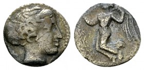 Terina AR Obol, c. 420-400 BC, very rare 

Bruttium, Terina . AR Obol (10 mm, 0.72 g), c. 420-400 BC.
Obv. Head of Nymph Terina to right, hair boun...