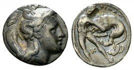 Tarentum AR Diobol, c. 380-325 BC 

Calabria, Tarentum . AR Diobol (11-12 mm, 1.13 g), c. 380-325 BC.
Obv. Head of Athena right, wearing crested At...