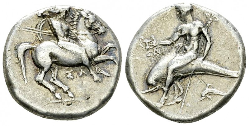 Tarentum AR Nomos, c. 332-302 BC 

Calabria, Tarentum . AR Nomos (20 mm, 6.59 ...