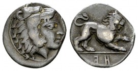 Herakleia AR Diobol, c. 432-420 BC, rare 

Lucania, Herakleia . AR Diobol (11-12 mm, 1.18 g), c. 432-420 BC.
Obv. Head of Herakles left, wearing li...