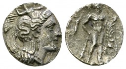 Herakleia AR Diobol, c. 330-300 BC 

Lucania, Herakleia . AR Diobol (11-12 mm, 1.04 g), c. 330-300 BC.
Obv. Head of Athena to right, wearing Attic ...