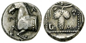 Maroneia AR Tetrobol, c. 395-386/5 BC 

 Maroneia , Thrace. AR Tetrobol (13 mm, 2.84 g), c. 395-386/5 BC.
Obv. Π-Λ, forepart of horse left.
Rev. G...