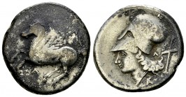 Leucas AR Stater, c. 300 BC 

 Leucas, Acarnania. AR Stater (21-22 mm, 8.37 g), c. 300 BC.
Obv. Pegasos flying left, Λ below.
Rev. Head of Athena ...