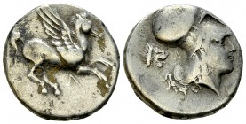 Leucas AR Stater, c. 350-320 BC 

 Acarnania, Leucas. AR Stater (20 mm, 8.36 g), c. 350-320 BC.
Obv. Pegasos flying right, Λ below.
Rev. Head of A...