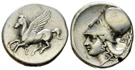 Corinth AR Stater, c. 375-300 BC 

 Corinthia, Corinth . AR Stater (21 mm, 8.41 g), c. 375-300 BC.
Obv. Pegasus flying left; Koppa below.
Rev. Hea...