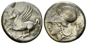 Corinth AR Stater, c. 375-300 BC 

 Corinthia, Corinth. AR Stater (20 mm, 8.28 g), c. 375-300 BC.
Obv. Pegasus flying left; Koppa below.
Rev. Head...