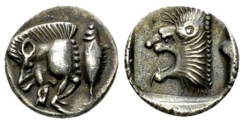 Kyzikos AR Diobol, c. 480 BC 

Mysia, Kyzikos . AR Diobol (11 mm, 1.10 g), c. 480 BC.
Obv. Forepart of boar to left, tunny behind.
Rev. Head of li...