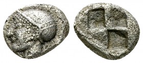 Phokaia AR Diobol, c. 510-494 BC 

Ionia, Phokaia . AR Diobol (8-10 mm, 1.25 g), c. 510-494 BC.
Obv. Archaic female head to lef t, wearing a sakkos...