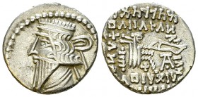 Artabanos II AR Drachm 

Parthian Kingdom. Artabanos II . (75-62 BC). AR Drachm (18-19 mm, 3.59 g).
Obv. Bust left.
Rev. Arsakes I seated right on...