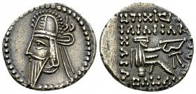 Vologases VI AR Drachm 

Parthian Kings. Vologases VI. (208-228 AD). AR Drachm (19 mm, 3.56 g), Ekbatana mint.
Obv. Diademed bust left, long pointe...