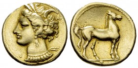 Carthage EL Stater, c. 310-290 BC 

 Carthage , Zeugitana. EL Stater (19 mm, 7.40 g), c. 310-290 BC.
Obv. Head of Tanit left, wearing grain wreath ...