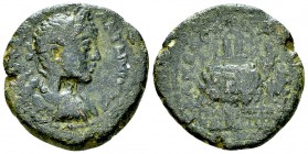 Elagabalus AE24, Neapolis 

 Elagabalus (218-222 AD). AE24 (9.73 g), Samaria, Neapolis.
Obv. AY K M ANTWNINOC, Laureate and cuirassed bust to right...
