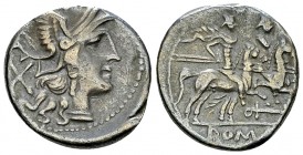 Anonymous AR Denarius, c. 209-208 BC, rare 

 Anonymous . AR Denarius (17-18 mm, 4.04 g), c. 209-208.
Obv. Helmeted head of Roma to right; behind, ...
