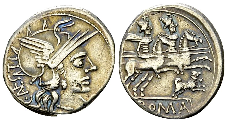 C. Antestius AR Denarius, 146 BC 

 C. Antestius. AR Denarius (19-20 mm, 4.11 ...
