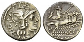 C. Curiatius Trigeminus AR Denarius, 142 BC 

C. Curiatius Trigeminus. AR Denarius (18 mm, 3.88 g), Roma 142 BC.
Obv. Helmeted head of Roma to righ...