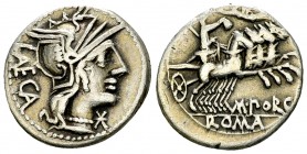 M. Porcius Laeca AR Denarius, 125 BC 

 M. Porcius Laeca. AR Denarius (18-19 mm, 3.91 g), Roma, 125 BC.
Obv. Helmeted head of Roma to right; behind...