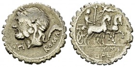 L. Memmius Galerius AR Denarius serratus, 106 BC 

 L. Memmius Galerius . AR Denarius serratus (18-19 mm, 3.55 g), Roma 106 BC.
Obv. Laureate head ...