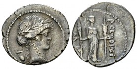 P. Clodius M.f. Turrinus AR Denarius, 42 BC 

 P. Clodius M.f. Turrinus. AR Denarius (18-20 mm, 3.92 g), 42 BC, Rome.
 Obv. Laureate head of Apollo...