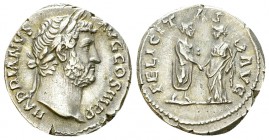 Hadrian AR Denarius, Felicitas/emperor reverse 

 Hadrian (117-134 AD). AR Denarius (16-18 mm, 3.51 g), Rome, 134-138 AD.
Obv. HADRIANVS AVG COS II...