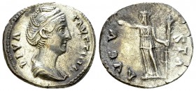 Diva Faustina AR Denarius 

 Diva Faustina (+141 AD). AR Denarius (18 mm, 3.11 g), Rome.
Obv. DIVA FAVSTINA, draped bust to right.
Rev. AVGVSTA, C...