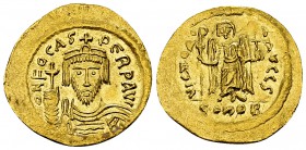Phocas AV Solidus 

 Phocas (602-610 AD). AV Solidus (20-21 mm, 4.34 g), Constantinople, officina S.
Obv. d N FOCAS PERP AVG, Cuirassed bust facing...