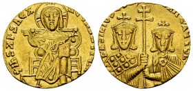 Basil I AV Solidus, c. 868-879 AD 

 Basil I. (867-886 AD). AV Solidus (18 mm, 4.26 g), Constantinople, c. 868-879 AD.
Obv. + IhS XPS REX REGNANTIu...