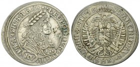 Leopold I, AR 15 Kreuzer 1675 

Habsburg. Leopold I. (1657-1705). AR 15 Kreuzer 1675 (31 mm, 6.05 g), Breslau.
Herinek 1019.

Gutes sehr schön.