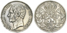 Leopold I, AR 5 Francs 1853 

Belgiuque, Royaume. Léopold Ier (1831-1865). AR 5 Francs 1853 (24.84 g).
KM 17.

TTB.