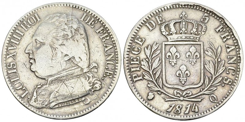 Louis XVIII, AR 5 Francs 1814 Q, Perpignan 

France, Royaume. Louis XVIII. (18...