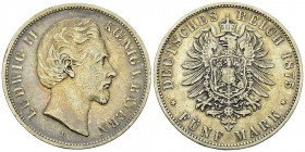 Bayern, AR 5 Mark 1875 D 

Deutschland, Bayern. Ludwig II. (1864-1886). AR 5 Mark 1875 D (48 mm, 27.51 g). 
 AKS 194. 

Sehr schön.