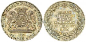 Bremen, AR Vereinstaler 1865 B 

Deutschland, Freie Hansestadt Bremen . AR Vereinstaler 1865 B (33 mm, 17.50 g), auf das zweite deutsche Bundesschie...