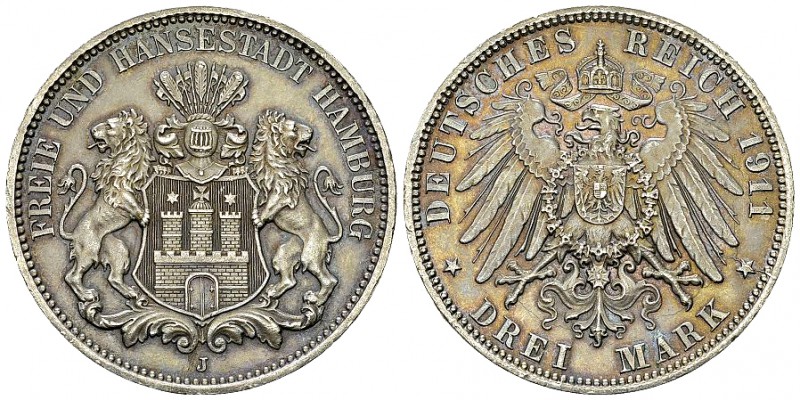 Hamburg, AR 3 Mark 1911 J 

Deutschland, Freie und Hansestadt Hamburg . AR 3 M...