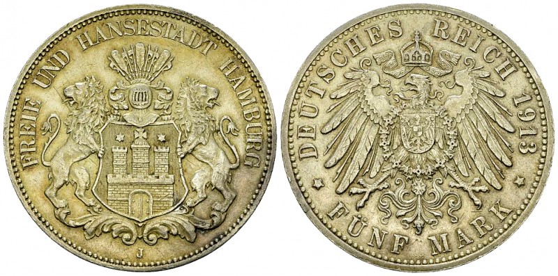 Hamburg, AR 5 Mark 1913 J 

Deutschland, Freie und Hansestadt Hamburg . AR 5 M...
