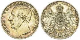 Hannover, AR Vereinstaler 1866 B 

Deutschland, Königreich Hannover . Georg V. (1851-1866). AR Vereinstaler 1866 B (33 mm, 18.43 g). 
AKS 144b. 
...