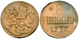 Hessen-Kassel, CU 8 Heller 1777 

Deutschland, Hessen-Kassel . CU 8 Heller 1777 (32 mm, 14.81 g).
Schütz 1758.

Gutes sehr schön.
