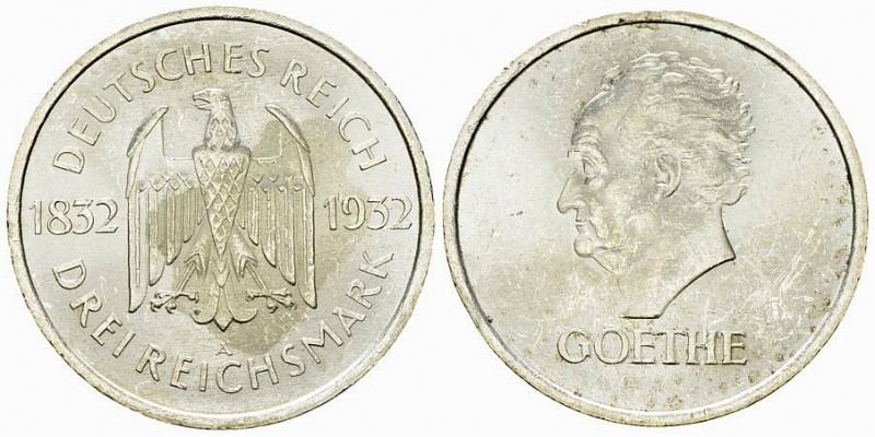 Weimarer Republik, AR 3 Reichsmark 1932 A, Goethe 

Deutschland, Weimarer Repu...