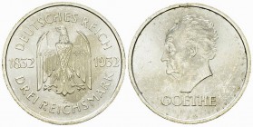 Weimarer Republik, AR 3 Reichsmark 1932 A, Goethe 

Deutschland, Weimarer Republik . AR 3 Reichsmark 1932 A (14.94 g). Goethe.
AKS 91.

Vorzüglic...