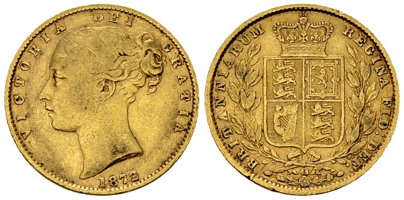 Victoria AV Sovereign 1872, die number 65 with 5 over 4 

Great Britain. Victo...