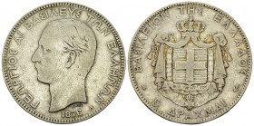 Greece AR 5 Drachmai 1876 

Greece. Georgios I (1863-1913). AR 5 Drachmai 1876 A (24.45 g).
KM 46.

Fine to very fine.