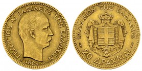 Greece AV 20 Drachmai 1884 

Greece. Georgios I (1863-1913). AV 20 Drachmai 1884 A (6.40 g).
KM 56.

Very fine.