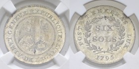 Genf, Bi 6 Sols 1795, MS65 

Schweiz. Genf, Stadt. Billon 6 Sols 1795.
D./T. 1036; HMZ 2-346f.

Unzirkuliertes Prachtexemplar. NGC MS65.