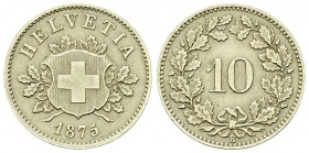 Schweiz, BI 10 Rappen 1875, sehr selten 

 Schweiz, Eidgenossenschaft. Billon 10 Rappen 1875 B (19 mm, 2.49 g), Mzst. Bern.
Divo 53.

Sehr selten...