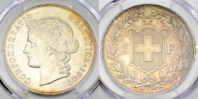 Schweiz, AR 5 Franken 1907 B, MS64+ 

 Schweiz, Eidgenossenschaft. AR 5 Franken 1907 B, Mzst. Bern.
HMZ 2-1198k.

PCGS MS64+.