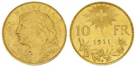 Schweiz, AV 10 Franken 1911 B 

 Schweiz, Eidgenossenschaft . AV 10 Franken "Vreneli" 1911 B (19 mm, 3.22 g), Bern. 
HMZ 2-1196a; Fr. 503. 

Selt...