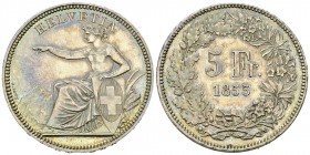 Solothurn, AR 5 Franken 1855, Prachtexemplar 

 Schweiz, Eidgenossenschaft. AR 5 Franken 1855 (24.94 g). Eidgenössisches Freischiessen 1855 in Solot...