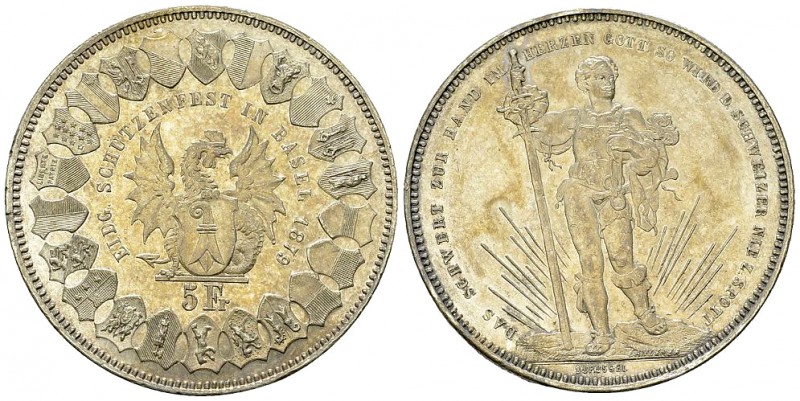 Basel, AR 5 Franken 1879, Eidg. Schützenfest 

 Schweiz, Eidgenossenschaft . A...