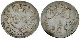 Venezuela 1/4 de Real 1817, Caracas 

Venezuela. Ferdinando VII . AE 1/4 de Real 1817 (25 mm, 3.10 g), Caracas.
KM 2.

Rare. Good very fine.