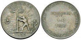 Liberia CU Cent 1833 

 Liberia . CU Cent 1833 (28 mm, 10.51 g).
KM Tn1.

Very fine.