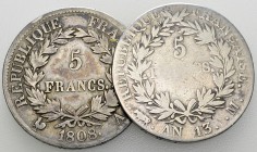 France, Lot of 2 AR 5 Francs 

 France . Lot of 2 (two) AR 5 Francs: an 13 M, Toulouse, and 1808 A, Paris.

Fine. (2)